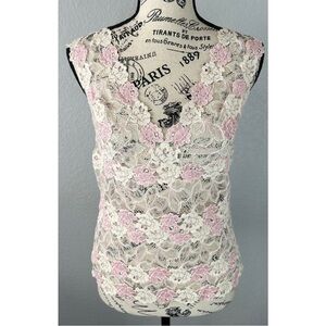 Josie Natori Y2K Pink/White Boho Floral Lace V-Neck Blouse Whimsy Fairy Large